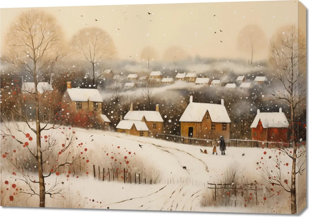 Quadro 100x70 Villaggio Innevato - Stampa su Tela d'Arredo Moderna