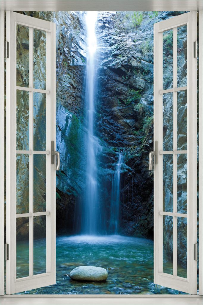 Wallario Wandbild aus Acryl, 60 x 90 cm, freischwebende Optik - Wasserfall bei Sonneneinfall mit Fenster-Illusion