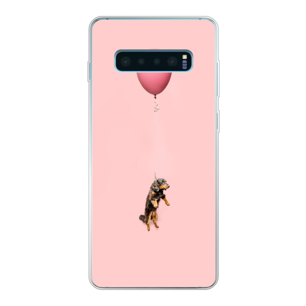 MuchoWow Handyhülle Schutzhülle Hülle für Samsung Galaxy S10 Plus Dackel schwebt durch einen Ballon nach oben Silikon Softcase Handy Hülle -...