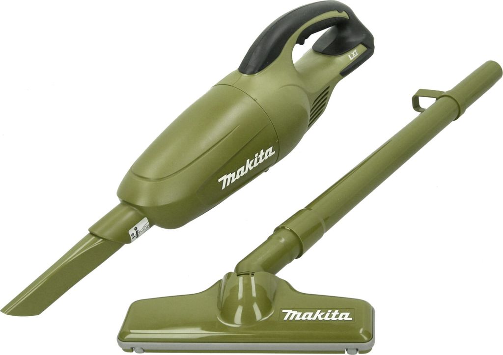 A green Makita handheld vacuum cleaner with a long extension wand and floor nozzle, arranged on a white background.