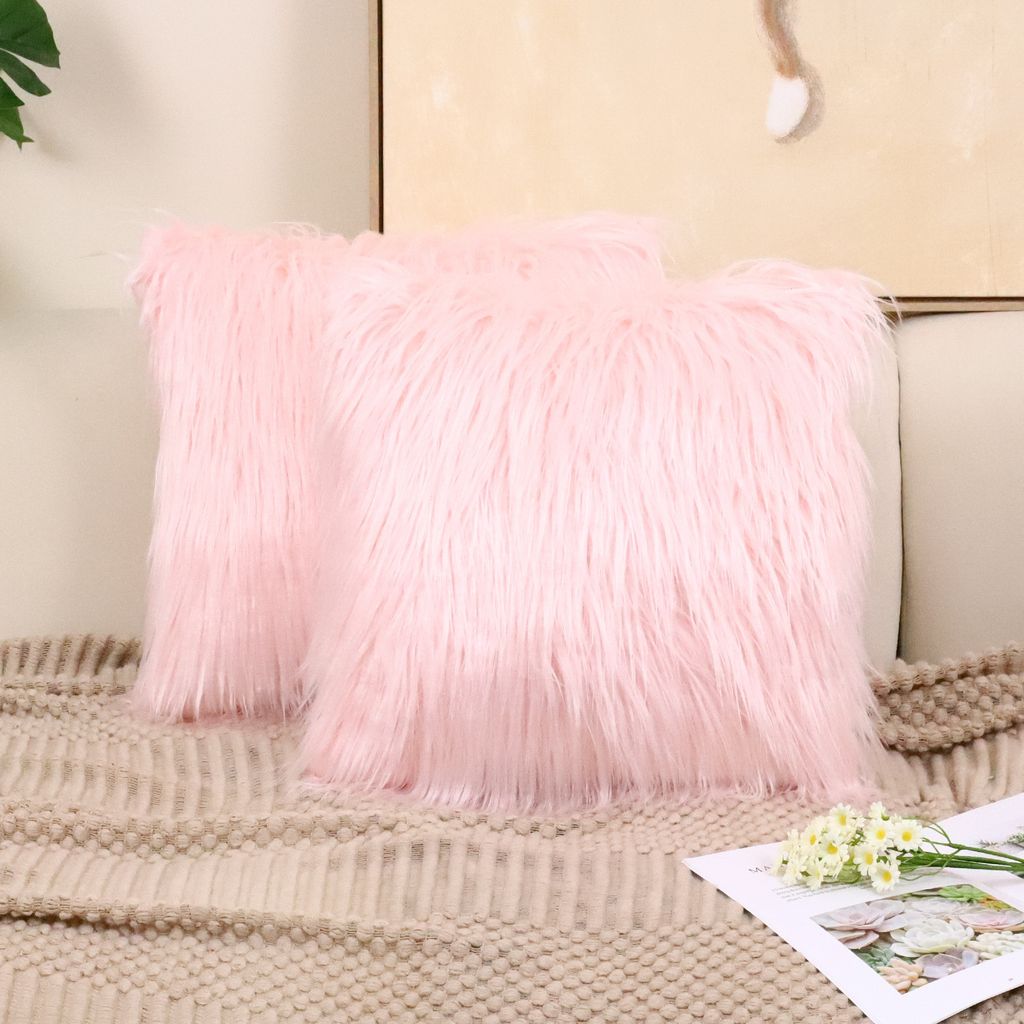 Weiche Kissenbezüge 45x45 cm – Langhaar Fellimitat, 2 Stück, Pink, Kunstfell Sofa Kissenbezüge