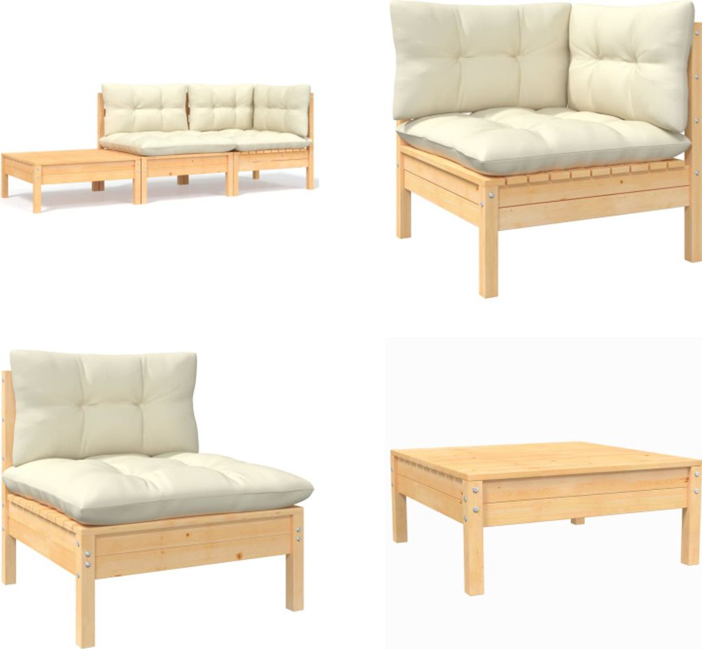 vidaXL 3 tlg. Garten Lounge Set mit Kissen in Creme Massivholz Kiefer - Garten-Lounge-Set - Garten-Lounge-Sets - Gartenmöbel-Set - Gartenmöbel-Sets
