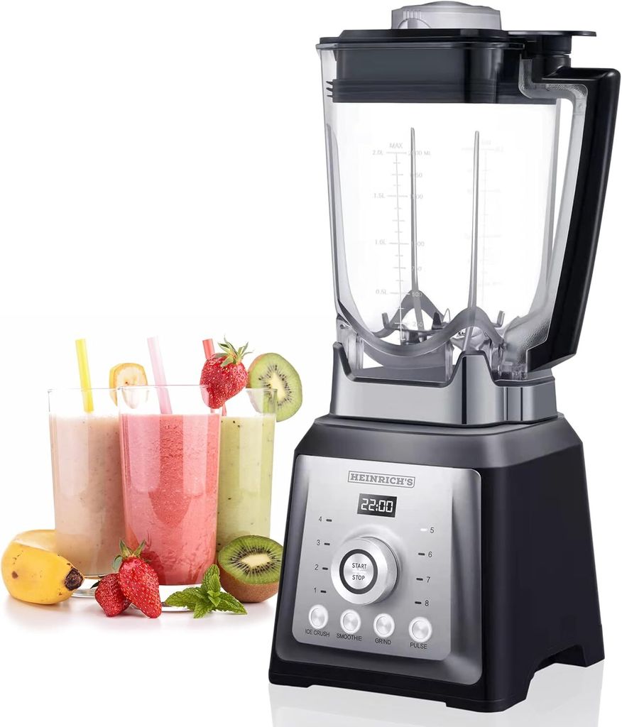 HEINRICHS Mixer, Standmixer, Hochleistungsmixer mit 32000 U/min und 2000W Motor + 4Programme, Blender-8 Edelstahlklingel, BPA-Frei, Smoothie Maker, 2L