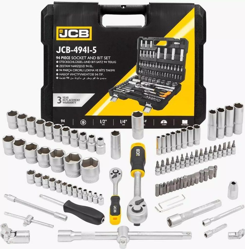 JCB | Werkzeugkoffer gefüllt, 1/4", Sechskant, 4-32mm, 94tlg, Werkzeug-Set, Werkzeugkiste, Werkzeugbox