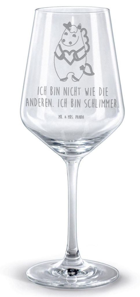 Mr. & Mrs. Panda Weinglas Einhorn Herz - Transparent - Geschenk, wein glas, Anders, Kelch, Bordeauxglas, für rotwein, Bunt, Unicorn, graviert, Ein...