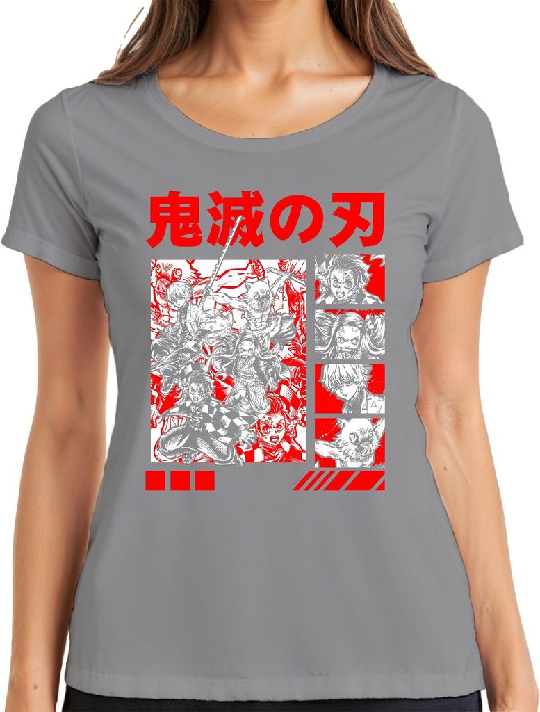 Kimetsu no Yaiba Demon Slayer Tanjiro Nezuko Inosuke Zenitsu Damen T-Shirt, Grau, 3XL