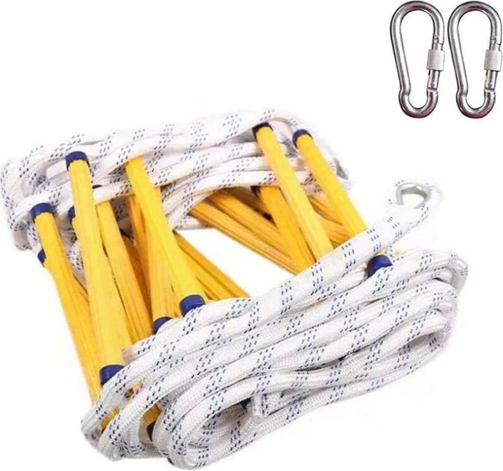 A coiled fire escape ladder with two carabiners on a white background.