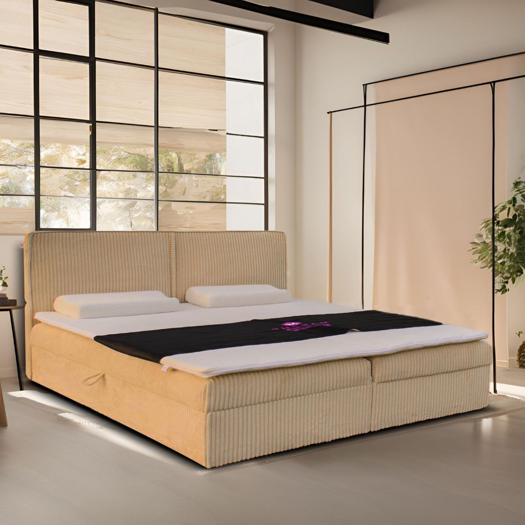 Polsterbett Nature mit Kopfteil, 140x200 cm, Kontinentales Doppelbett, Kordstoff: Creme