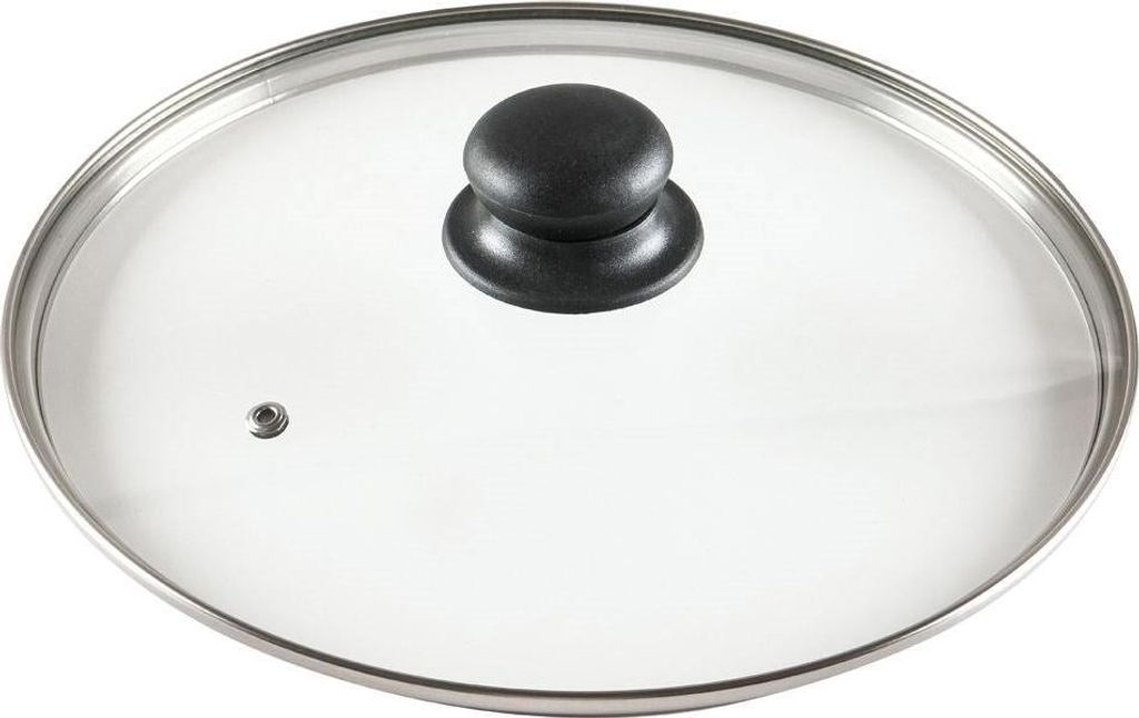 A clear, top-down view of a glass pot lid with a stainless steel rim and a black handle.