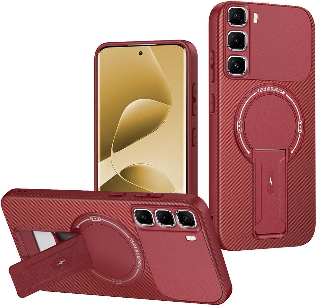 Hülle für Infinix Hot 50 Pro+ 4G Magnetisch Carbonfaser Design TPU Hybrid Handyhülle mit Ständer Rot