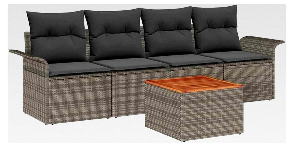 5-teiliges Gartensofa Set mit Kissen Grau Poly Rattan Akazie Lounge Sofa Outdoor