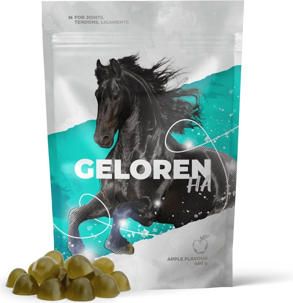A product bag for horse supplements with a black horse illustration and product name.