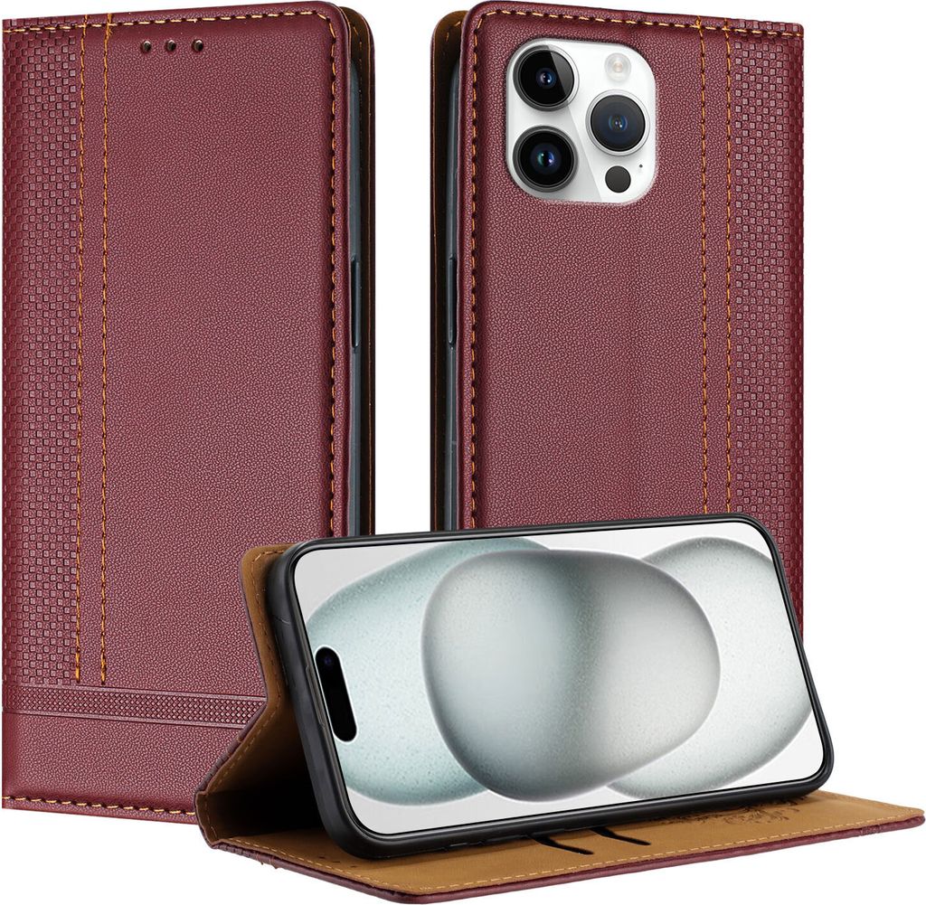 Handyhülle für iPhone 13 Pro Max Leder Flip Klappbare Schutzhülle mit Standfunktion Dunkelrot