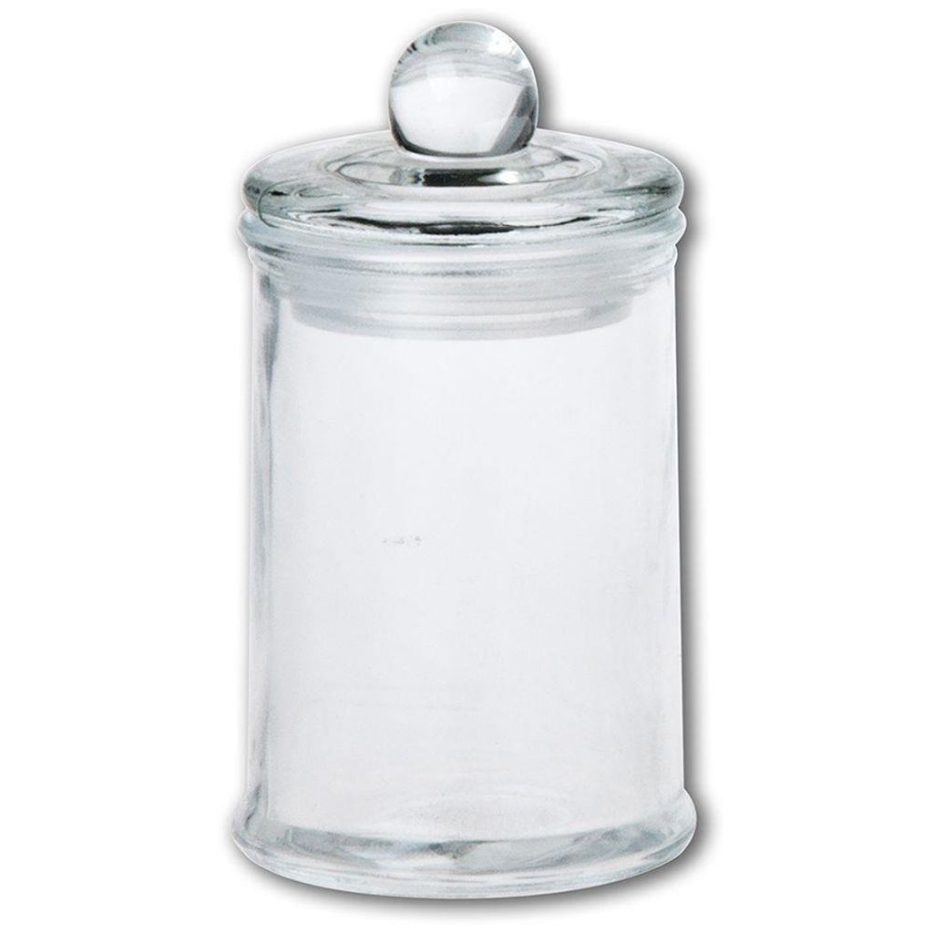 A clear studio shot of a glass jar with a lid.