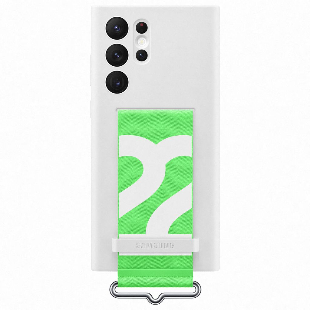 A white Samsung phone case with a green and white patterned strap attached.