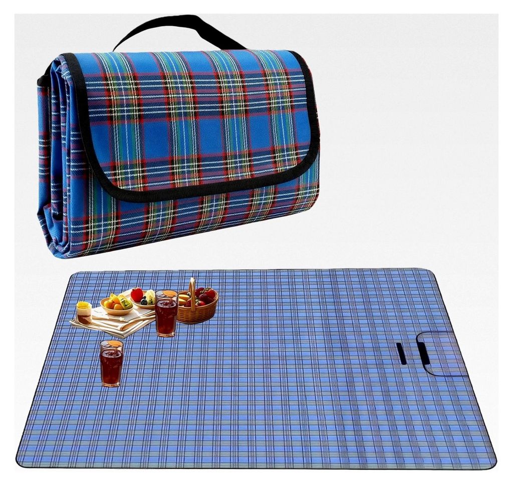 Picknickdecke 150x200 cm Blau Kariert Wasserdicht und Sandfest, Große Faltbare Outdoor Stranddecke mit Tragegriff, Waschbare Gingham Picknickmatte...