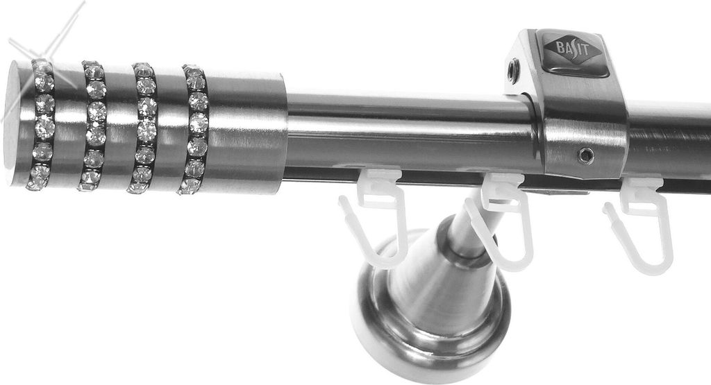 Innenlauf Edelstahl Look Gardinenstange 20mm Wandträger 1-läufig Zylinder + Kristall, Länge wählbar H50 E39 I
