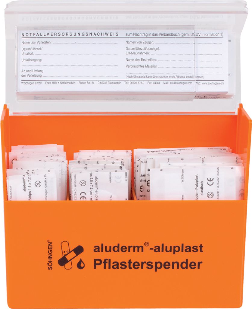 An open orange box filled with individually wrapped bandages, with a document flap open at the top.