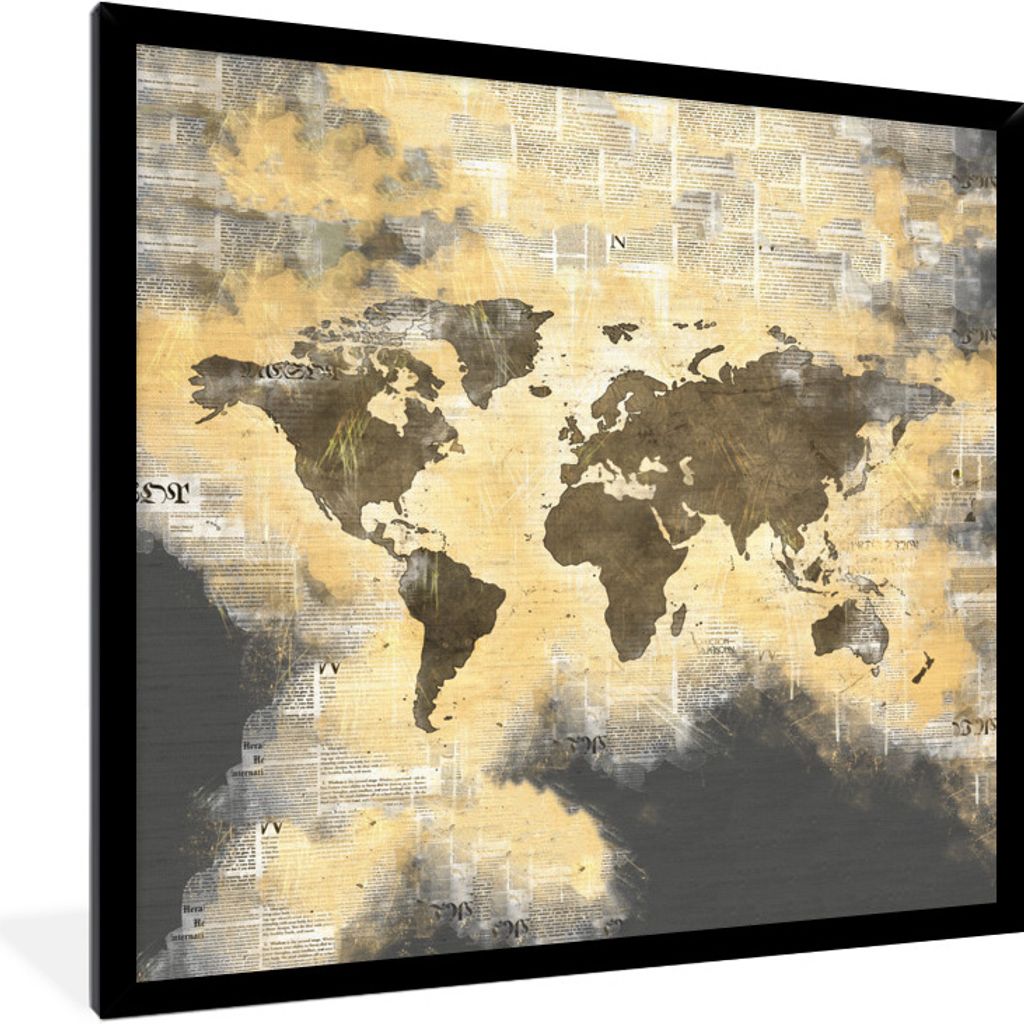 MuchoWow MuchoWow Gerahmtes Poster Weltkarte - Zusammenfassung - Zeitungen 40x40 cm - Poster mit zchwarzem Bilderrahmen - Mit Rahmen - Wanddeko...