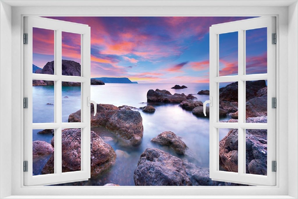 Wallario selbstklebendes Poster mit Fenster-Illusion - Seelandschaft in blau und rot mit großen Felsen, Größe: 100 x 150 cm