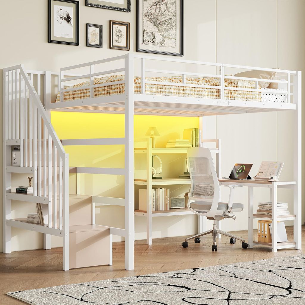 STILVORA Hochbett 140x200 cm mit Matratze Bettgestell aus Metall mit Treppe und integriertem Schreibtisch, Etagenbett mit Staufächern und USB-Lade...