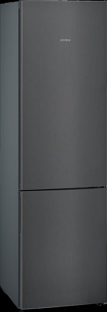 A front view of a dark gray refrigerator.