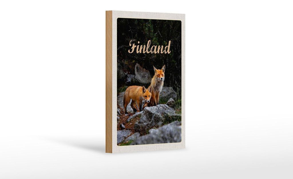 Holzschild Reise 12x18 cm Finnland Füchse Wald Tiere Natur