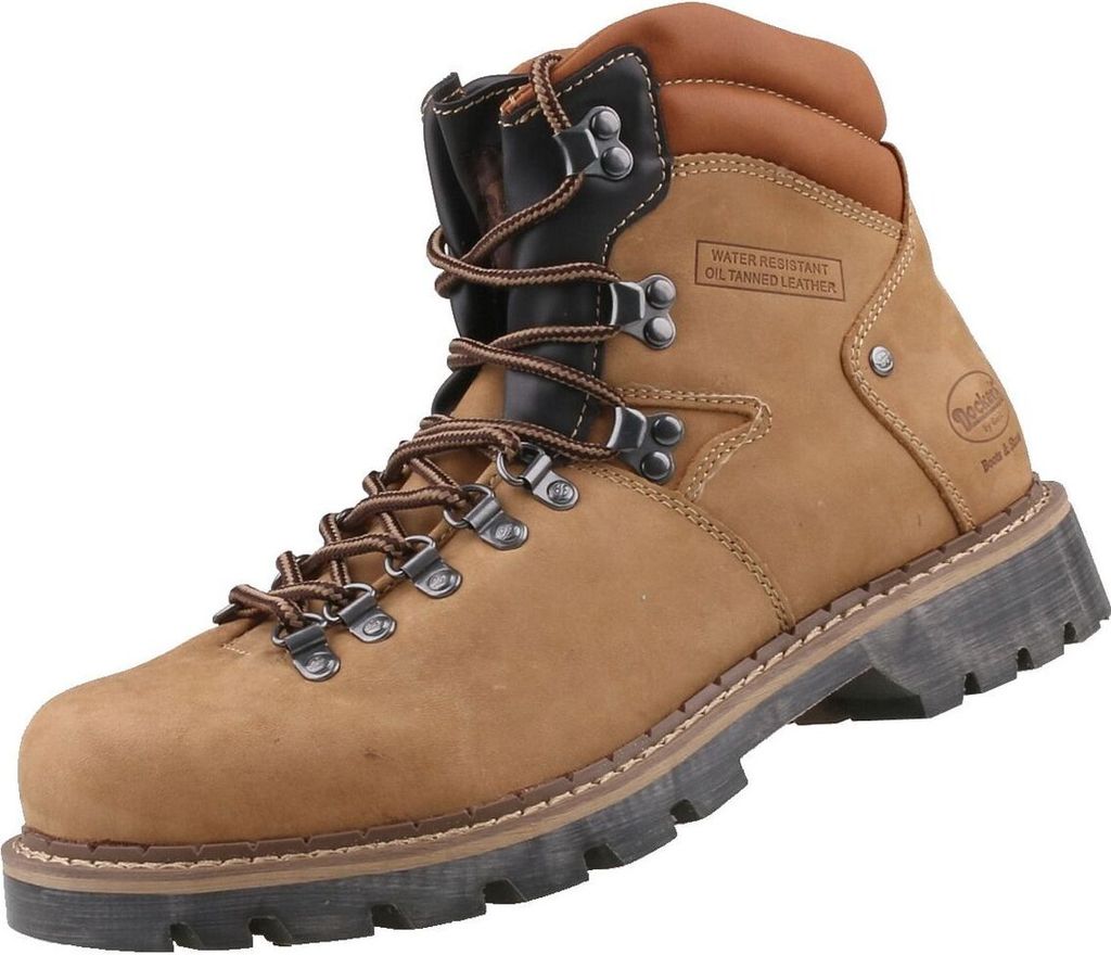 A single brown hiking boot is shown against a white background.