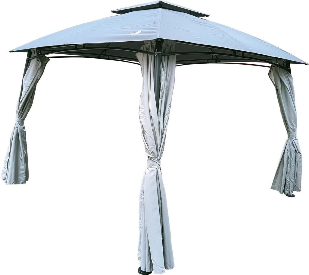 A gray gazebo with curtains, shown from a front-facing angle against a white background.