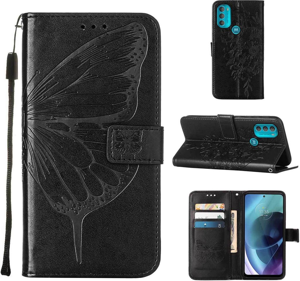 Moto G71 5G Hülle, Schmetterling Prägung Flip Leder Kartenfächer Schutzhülle Ledertasche mit Ständer für Motorola Moto G71 5G Schwarz