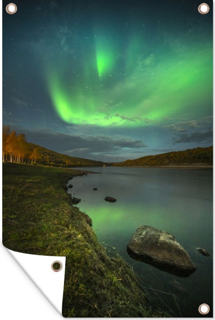 MuchoWow 60x90 cm Outdoor-Poster Gartendeko Sichtschutz Garten Poster für den Garten Nordlicht über einem See in Finnland