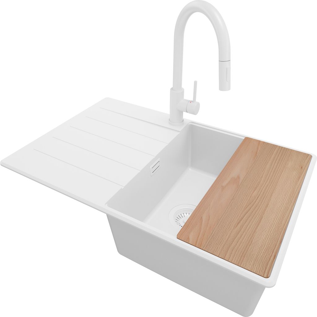 PRIMAGRAN Granitspüle Alles Weiß 78x50cm, Spülbecken 1 Becken + Ablauf-Set + Küchenzubehörset, Küchenspüle ab 50er Unterschrank - Kopenhagen