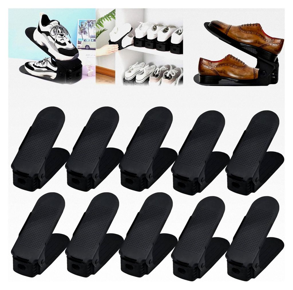 10 Stück Verstellbares Schuhregal Schuhhalter Schuhstapler rutschfest 3-fach höhenverstellbar Schuhorganizer Schuhaufbewahrung - Schwarz