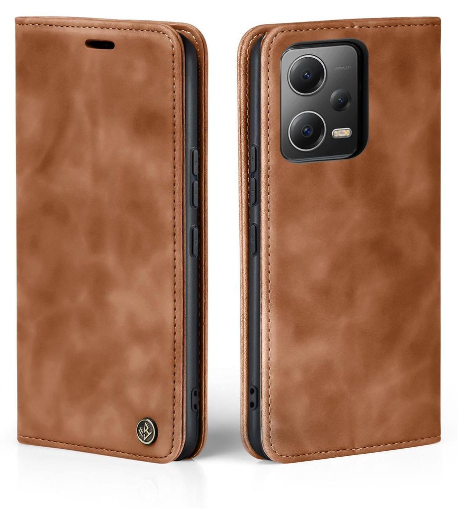 A brown flip cover phone case for a Xiaomi Redmi Note 12 Pro 5G is shown from two angles.