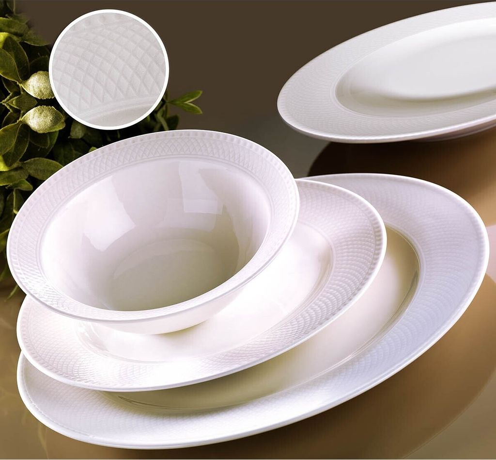 Hermia Concept, Hochwertiges 18-teiliges Dinner Set aus 100% Porzellan, Weiß | 6 Servierplatten (27 cm), 6 tiefe Teller (21 cm), 6 Schalen (16 cm)...