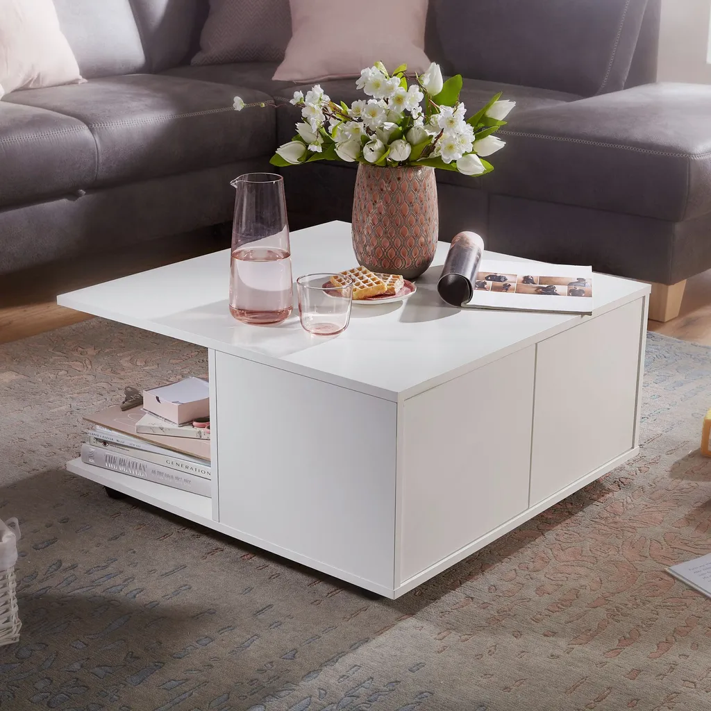 Table Basse à Roulettes Blanche 70 cm avec Double Tiroir et Compartiments