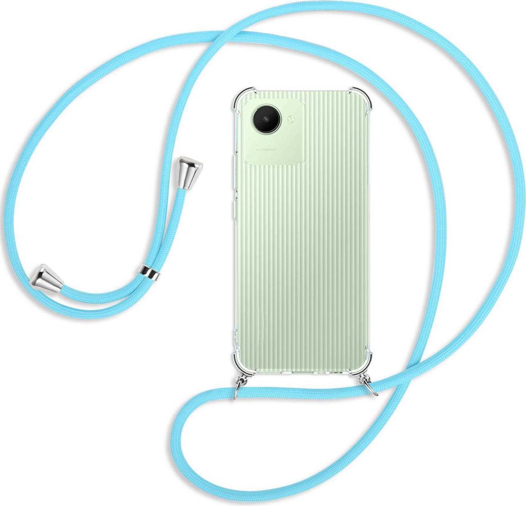 Handykette Backcover-Schutzhülle mit Band (Metall silberfarben) für Realme C30, Narzo 50i Prime - himmelblau