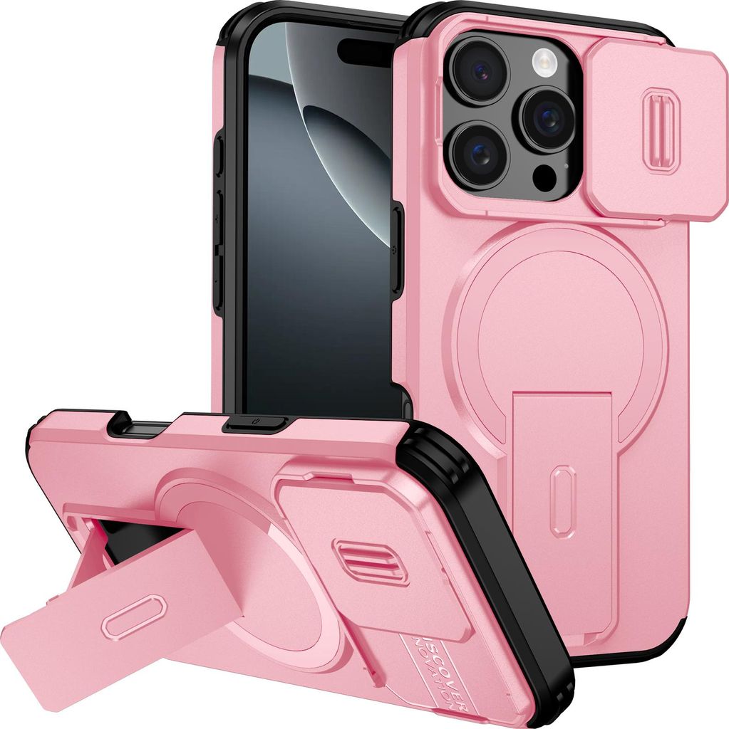 Magnetisch Hülle für iPhone 16 Pro, Dual Layer Stoßfest Handyhülle mit Dia Kameraschutz, Verstellbarem Ständer Pink