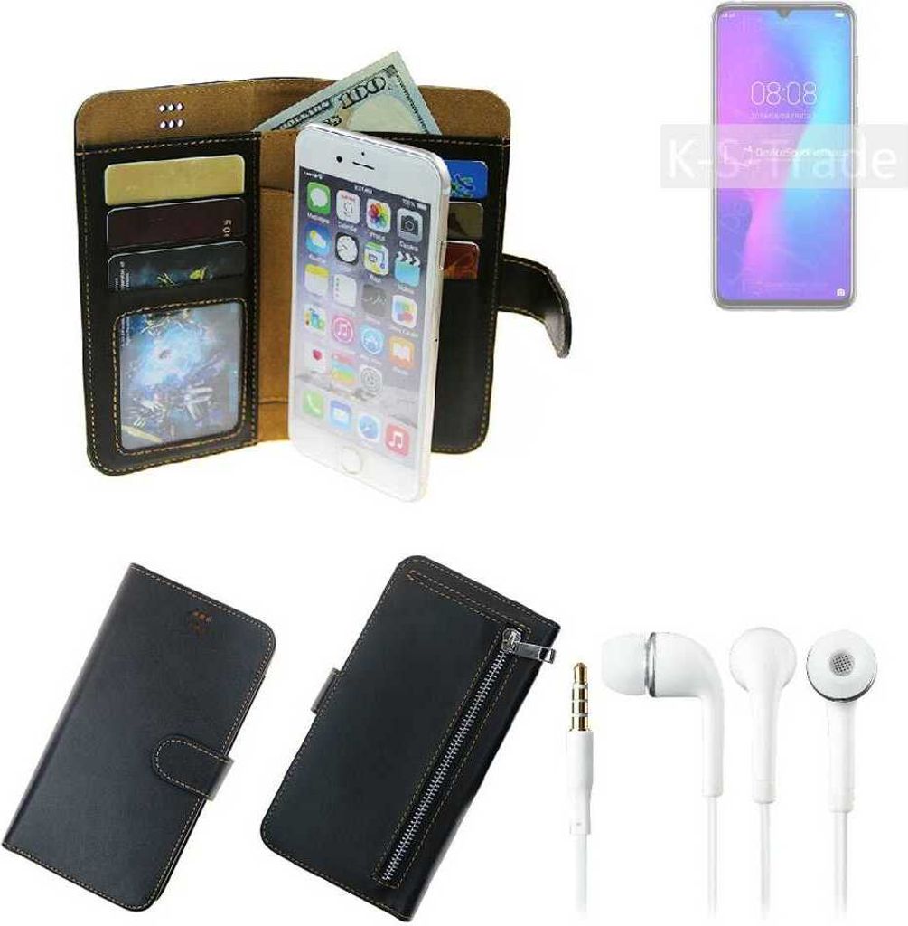 TOP SET Handy Hülle Schutz Hülle kompatibel mit Doogee Y9 Plus schwarz aus Kunstleder + Kopfhörer Smartphone Tasche vollwertige Geldbörse