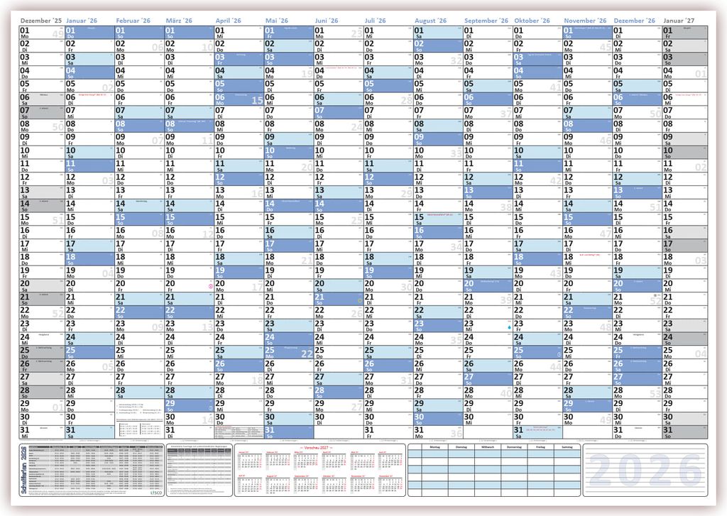 XXL Wandkalender DIN B1 2026 blau, nass abwischbar Jahresplaner Wandplaner Format 100 x 70cm gerollt