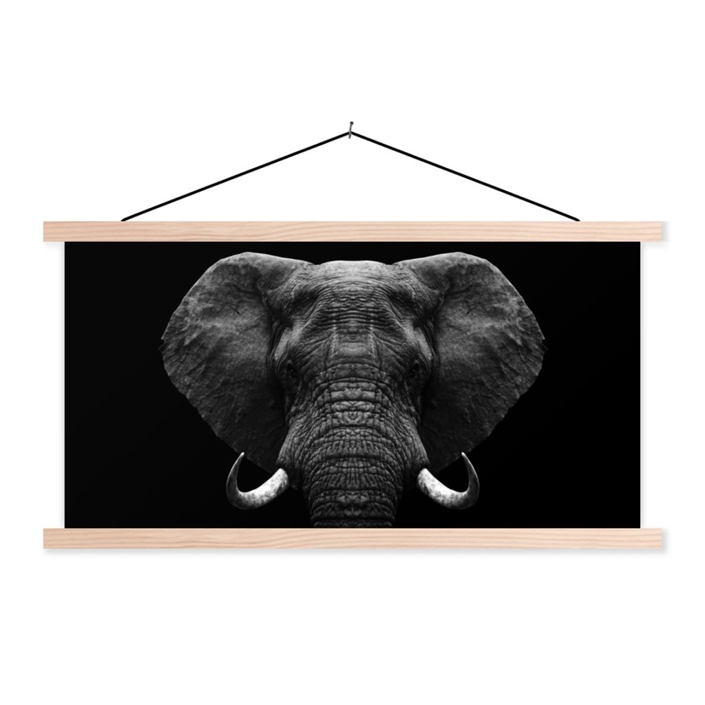 MuchoWow Textilposter Tiere - Elefant - Porträt - Schwarz - Weiß 120x60 cm mit holzfarbenen Rahmen - Klemmleiste