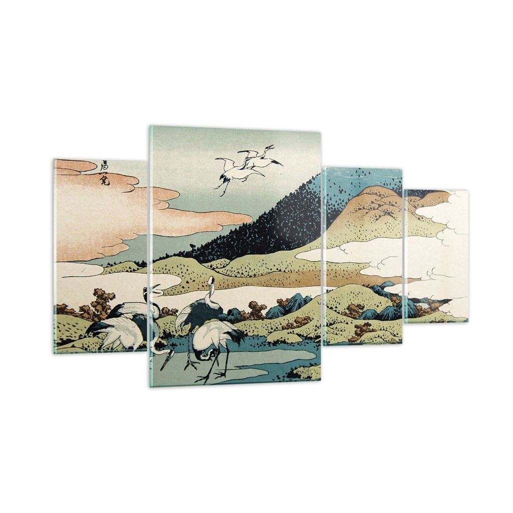 Bilder auf glas - 4 Teile - Japan Kraniche Bild - 160x90cm - Glasbilder - Wandbilder - Bilder - zum Aufhängen bereit - Wanddekoration aus Glas - G...