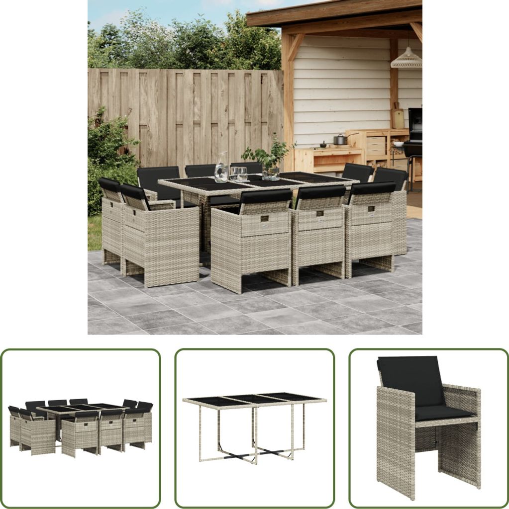 The Living Store 11-tlg. Garten-Essgruppe mit Kissen Hellgrau Poly Rattan
