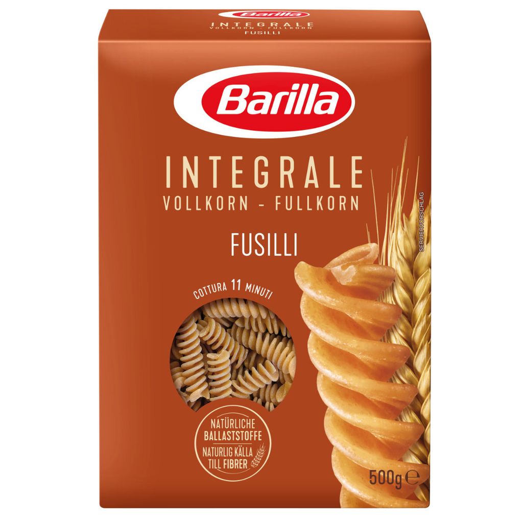 A box of Barilla whole wheat fusilli pasta.