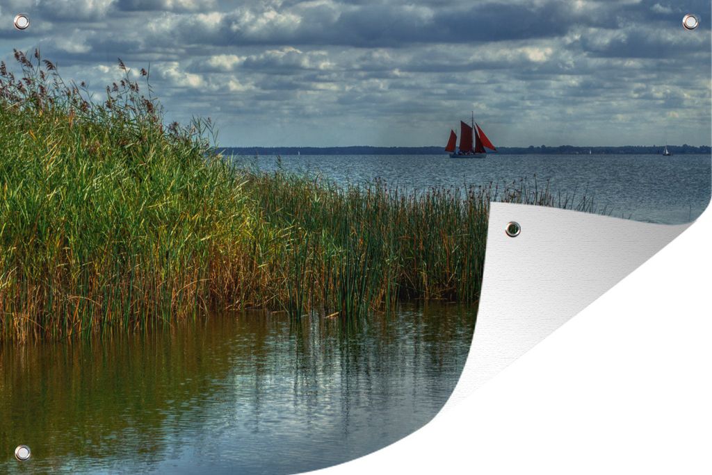 MuchoWow 90x60 cm Outdoor-Poster Gartendeko Sichtschutz Garten Poster für den Garten Ostsee - Bank - Schilf