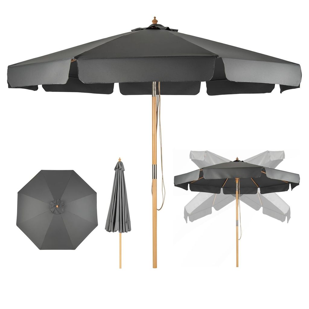 300 cm Sonnenschirm, Gartenschirm Strandschirm knickbar, Terrassenschirm mit Kordelzug, Schirmstaender & 8 Rippen aus Holz, Marktschirm mit Luftaus...