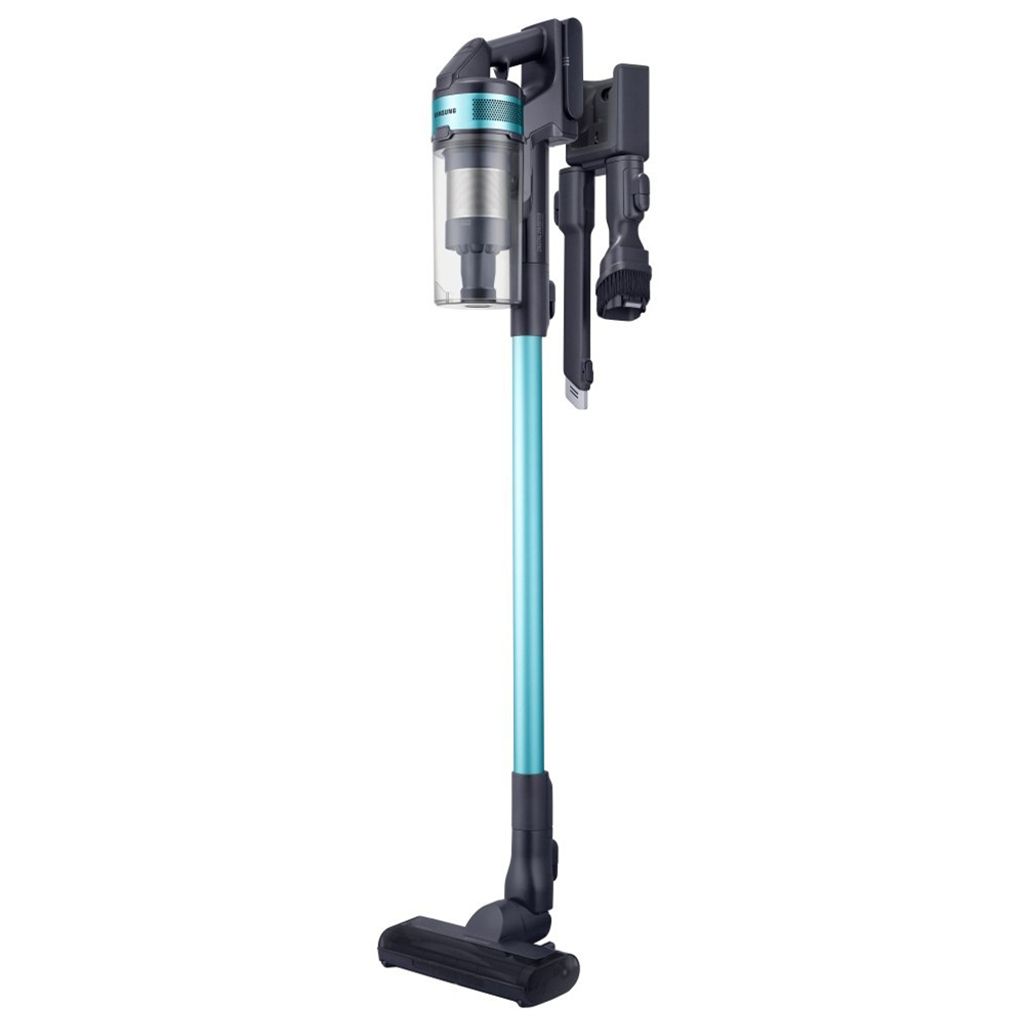 A teal and black cordless vacuum cleaner is shown against a white background.