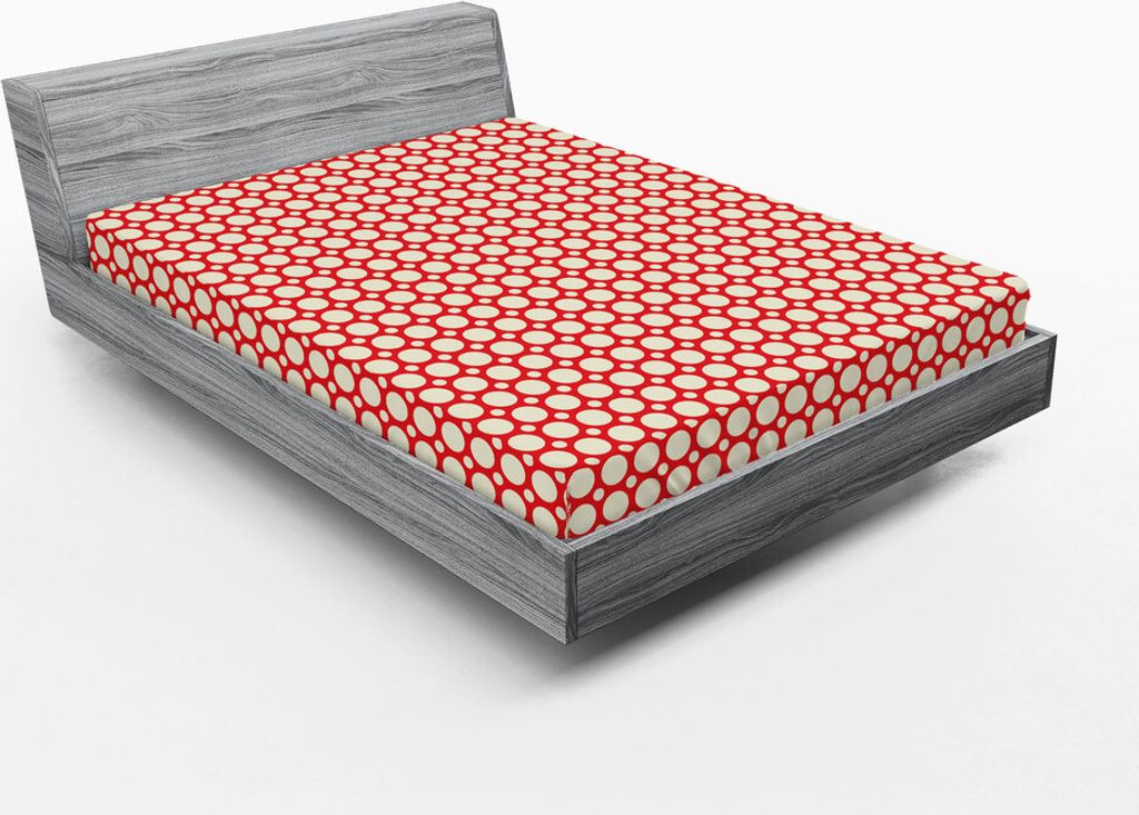 ABAKUHAUS Retro Spannbetttuch, Große und kleine Tupfen-Muster-symmetrische geometrische Fliesen-Entwurfs-Weinlese-Art, 90 x 190 cm, Rot und Creme