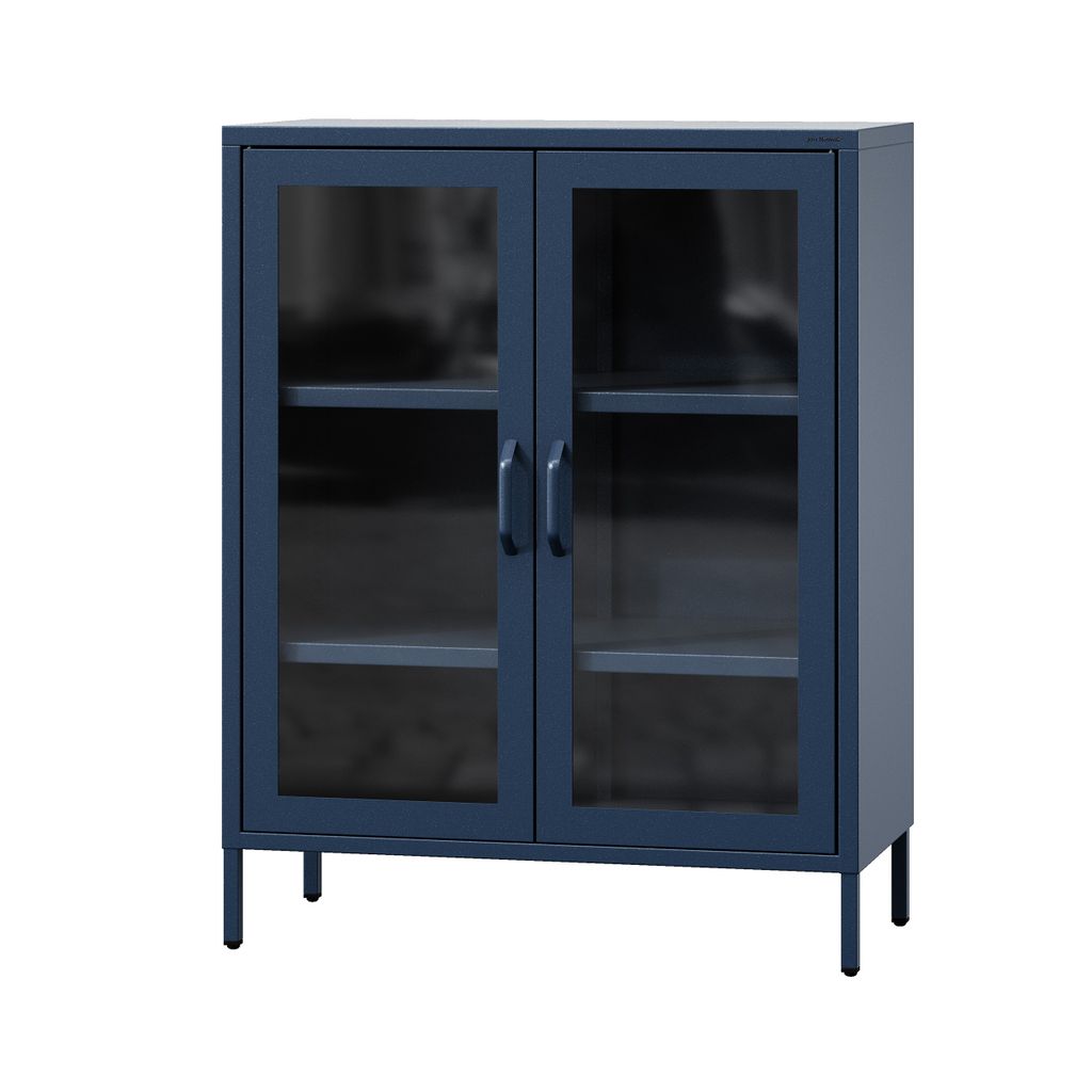 A dark blue metal display cabinet with glass doors and two adjustable shelves, shown against a white background.