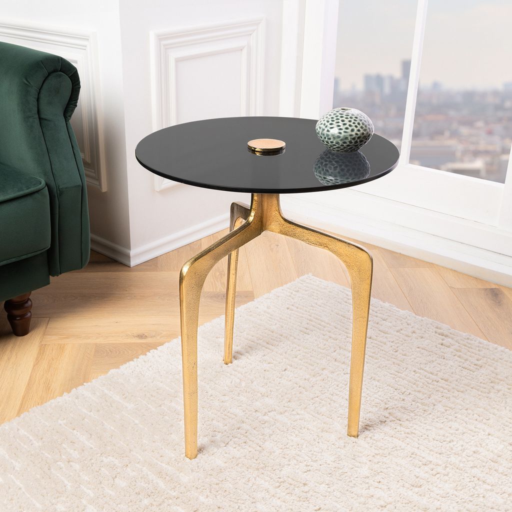 riess-ambiente Runder Beistelltisch ABSTRACT 60cm messing gold Metallbeine Schwarzglas handmade Couchtisch Tisch